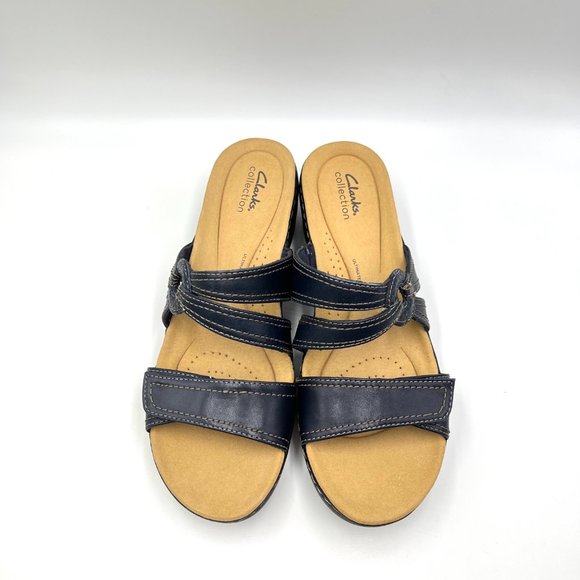 Clarks Size 11 Merliah Coral Navy Blue Leather Low Wedge Slip On Sandals Shoes - Picture 3 of 15